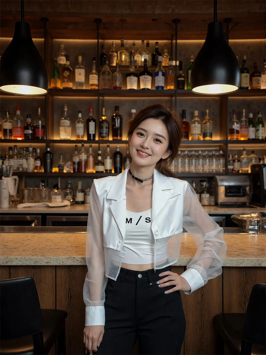 Sun-proof Cropped See-through Back-Slit Blazers Elegant Woman Clothes For Women Ruffles Split-Side Washed Single-Row Dark Tender