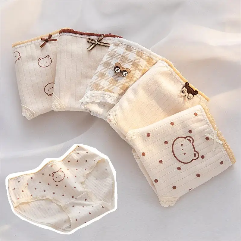 5Pcs/set Women Cotton Panties Cartoon Girls Briefs Mid Waist Underwear Shorts Soft Breathable Panty  Intimates Lingerie M-XL