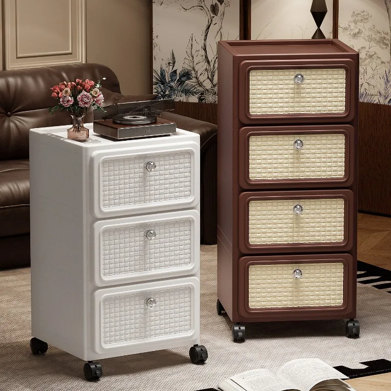 Retro Plastic Drawer Storage Cabinet Mobile Snack Organizer Tower, Living Room Chest Unit, Bedside Tidy with Casters