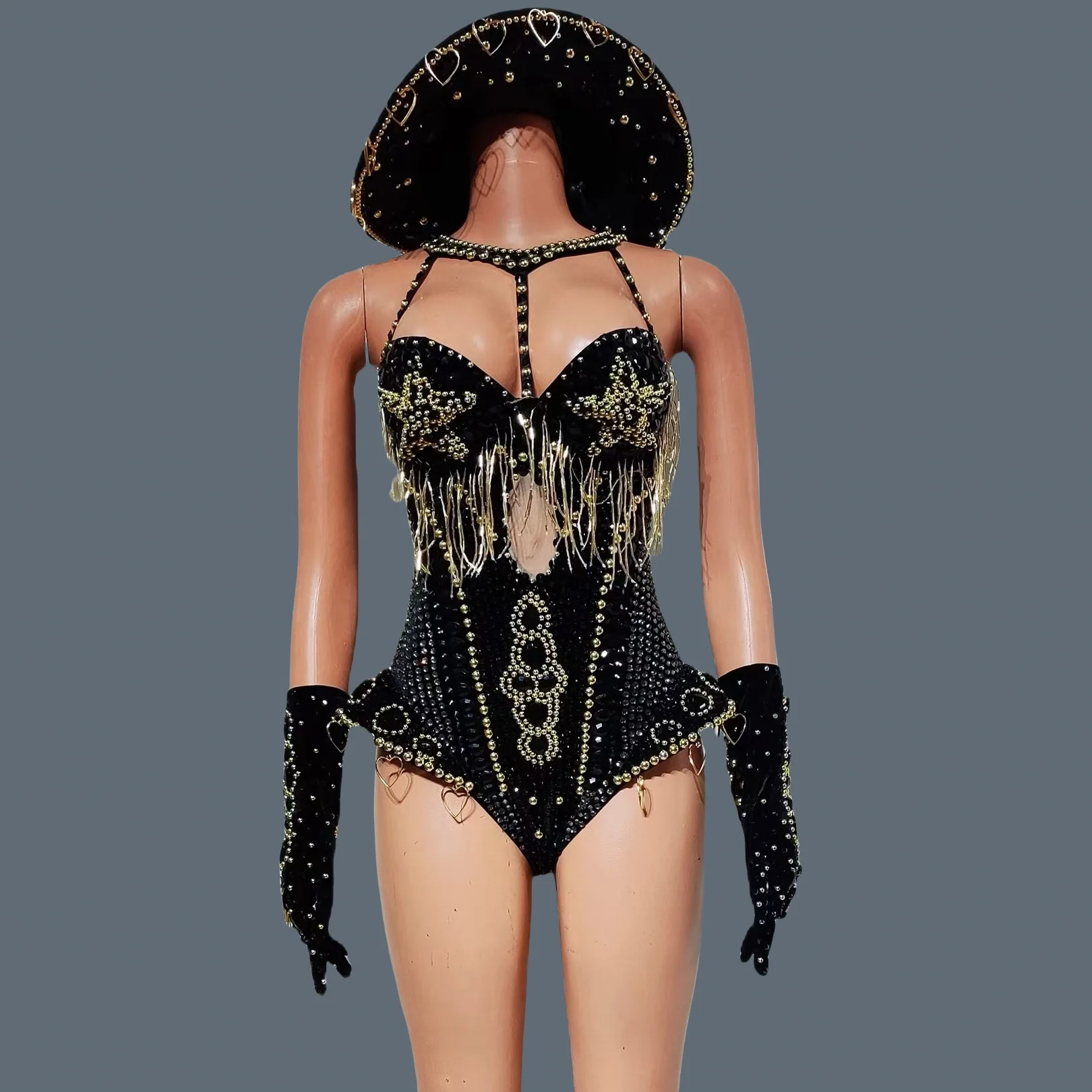 Luxury Crystals Sparkly Tassel Bodysuit 4Piece Set Nightclub Cowboy Party Outfit Stage Performance Jumpsuit Show Wear Hongding
