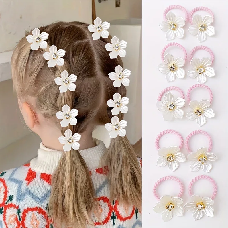 10 Stück elastische Haarbänder für Mädchen mit Strass- und Blumendekorationen, hochelastische, langlebige Haarbänder für den Außenbereich und zum Flechten – Detail 6