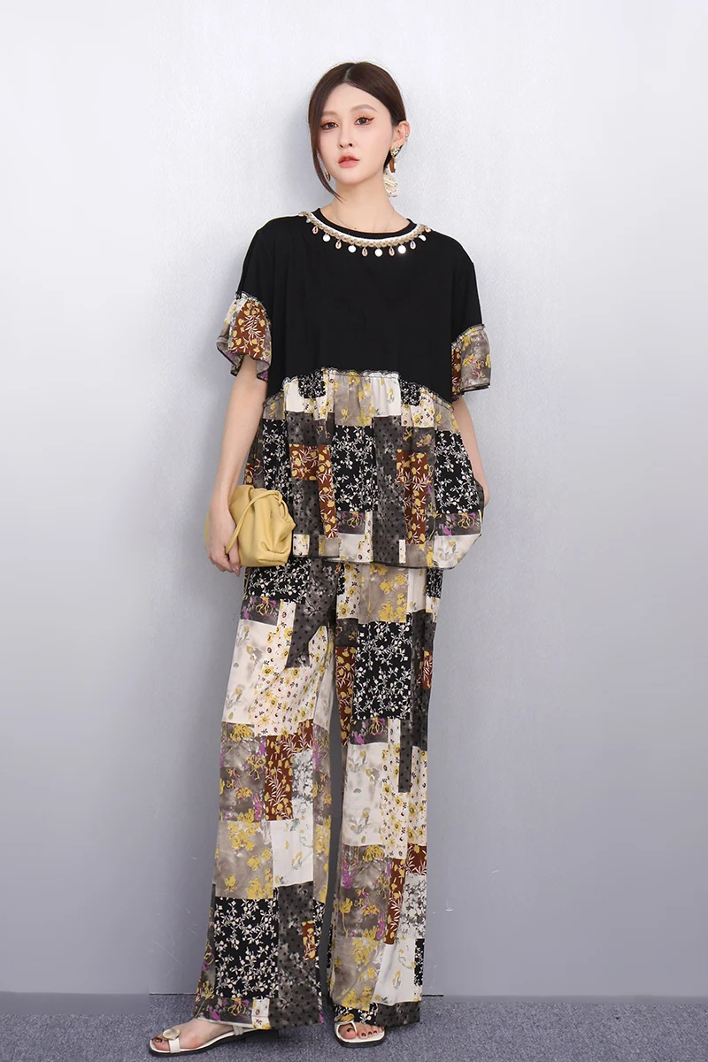

2025 Spring Summer New Fashion Women Loose Printed T-shirts Top Wide Leg Pants Two-piece Set Wholesale J1132