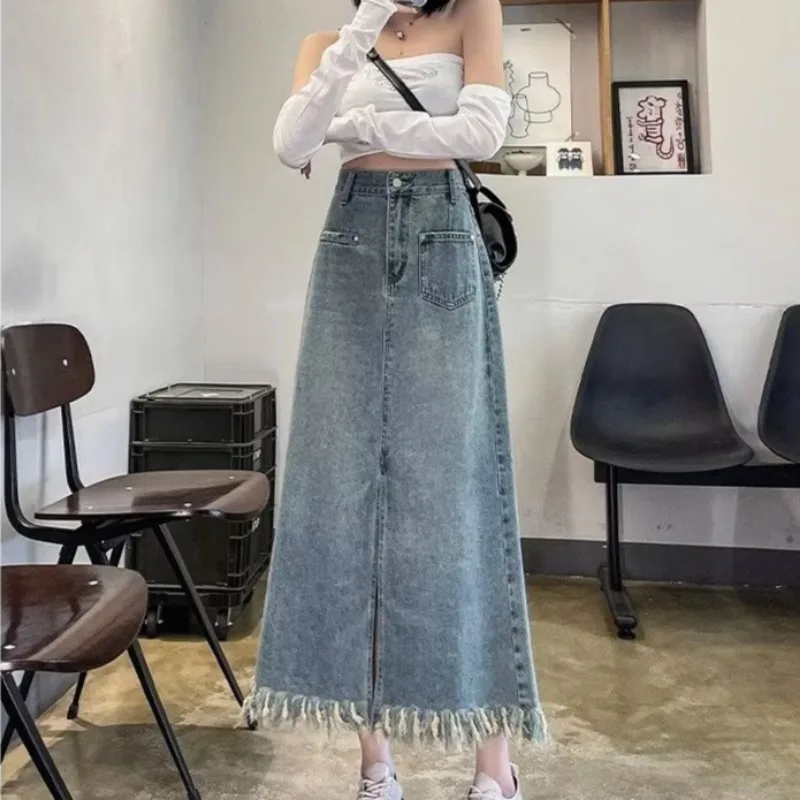 Saias femininas cintura alta fenda borla design a linha zíper bolso midi denim ulzzang na moda all-match temperamento lazer verão