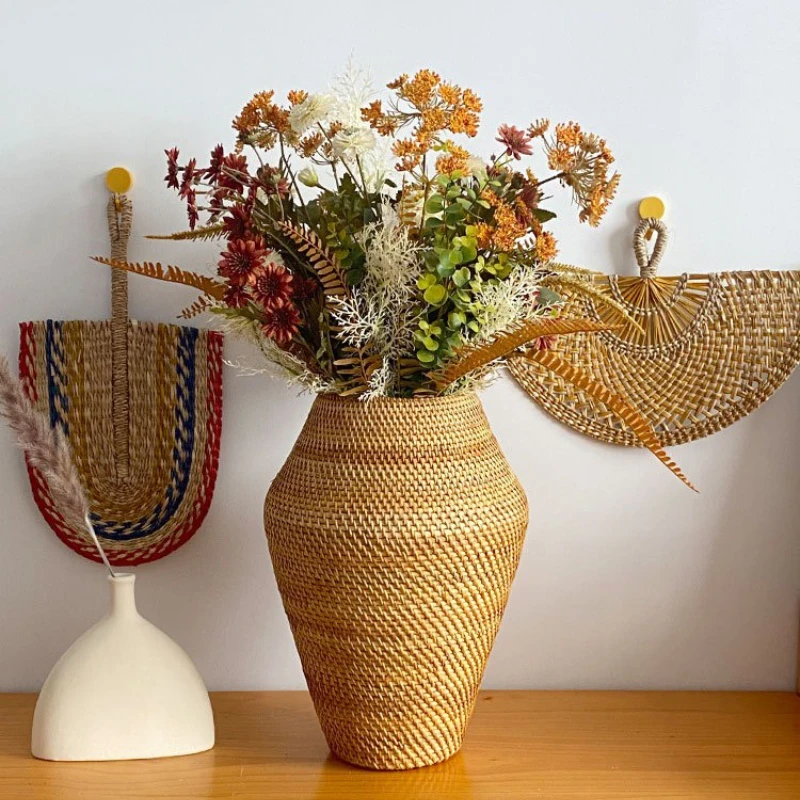 Vine Dried Flowers Vase Weave Desktop Vintage Vases Art Elegant Flower Basket Home Table Storage Vases Interior Decoration