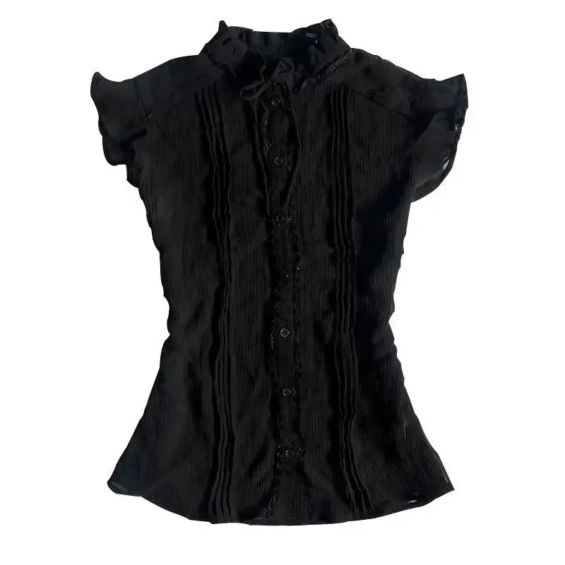 

Винтажные блузки с воротником-стойкой и грибком, новинка лета 2021, черная простая рубашка для женщин Y2k с летающими рукавами, облегающие Blusas De Mujer