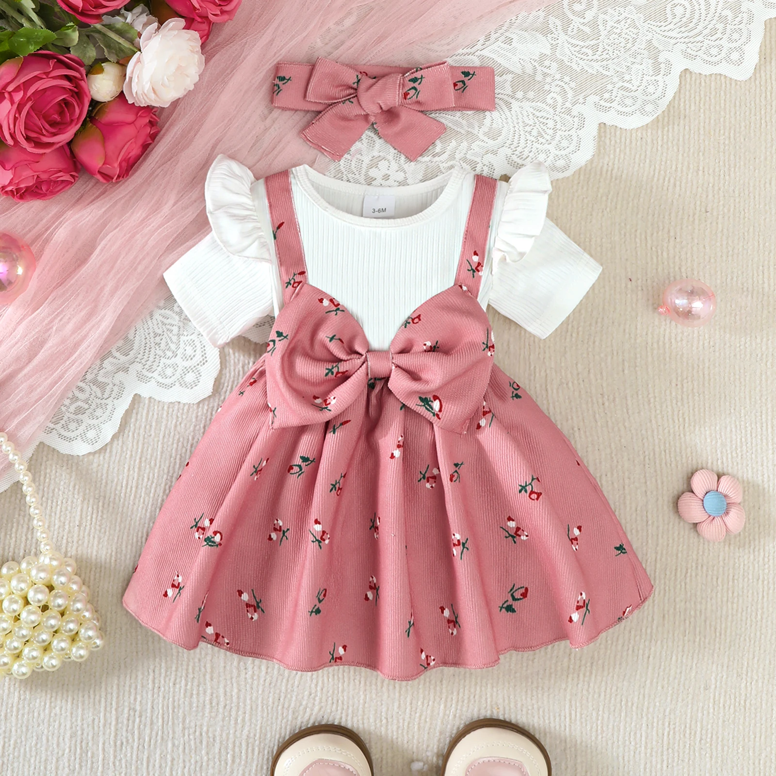 

2PCS Infant Baby Girl Pink Cherry Print Ruffle Short Sleeve Dress + Headbandr for 0-2Y Toddler Sweet Summer Princess Dress