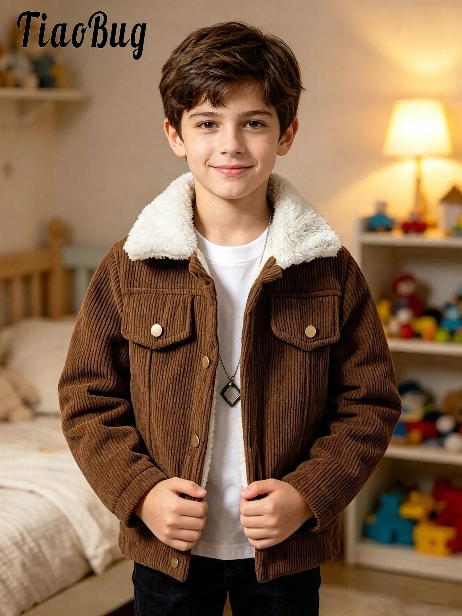 Kids Boys Fleece-lined Corduroy Jacket Furry Collar Long Sleeve Button Coat Tops for Casual Daily Life Family Gathering