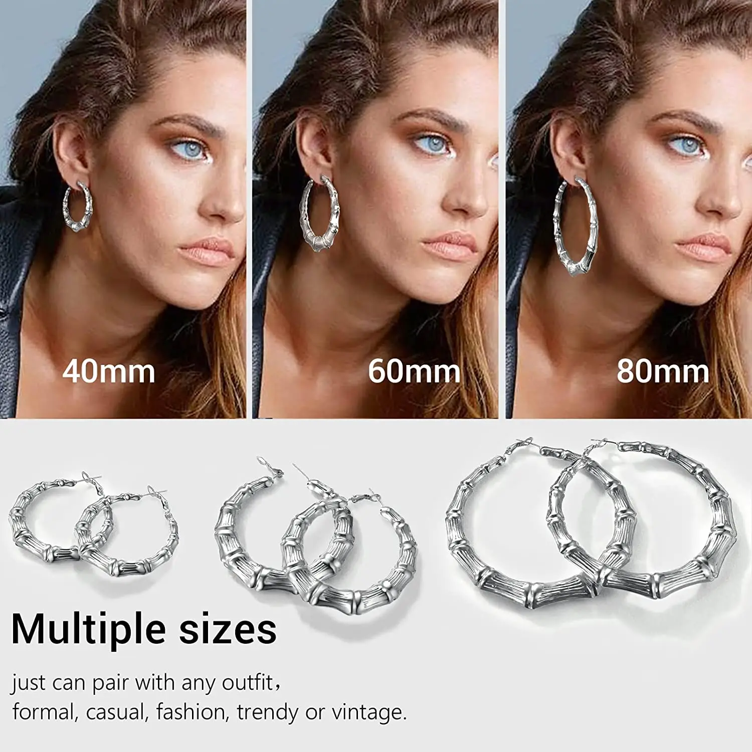 Bamboo Hoop Earrings Diameter 40mm/60mm/80mm for Women Stainless Steel Hypoallergenic Hyperbole Jewelry