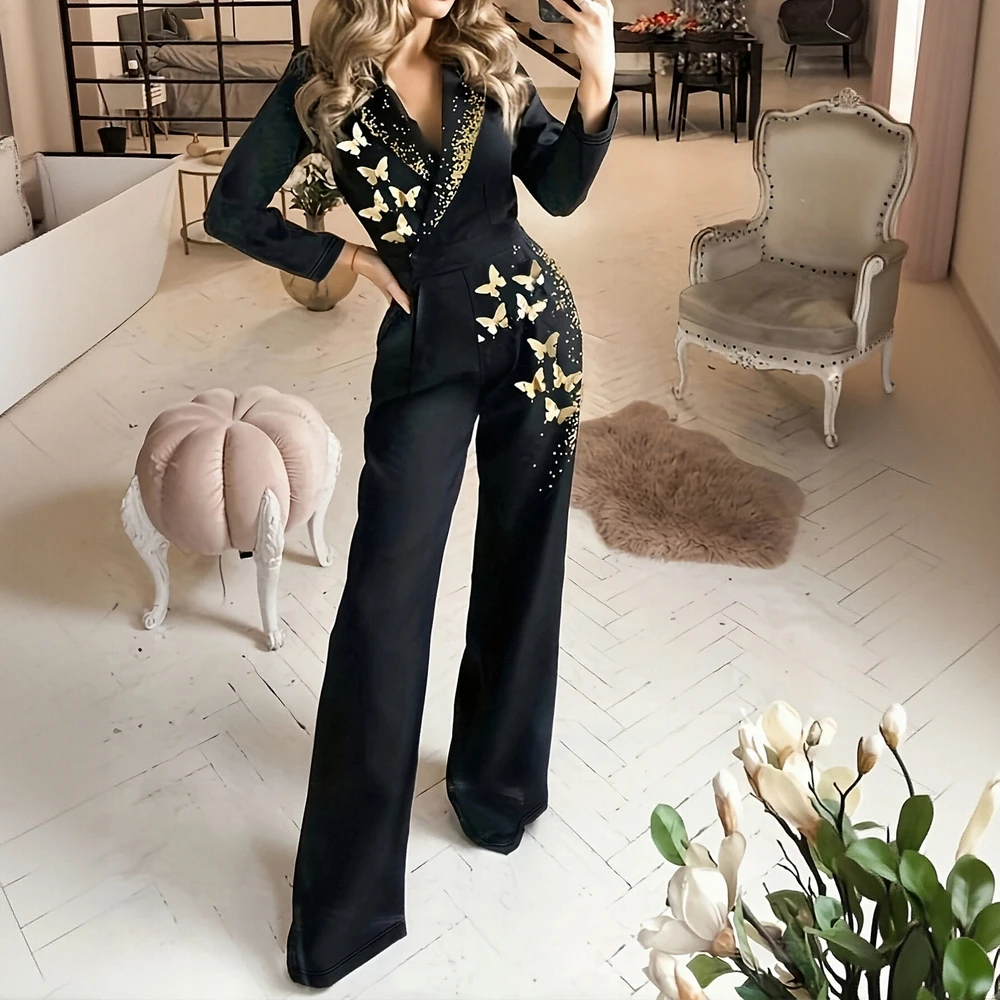 

Повседневный облегающий комбинезон с круглым вырезом, декоративный элемент, женские универсальные длинные брюки, модный стиль