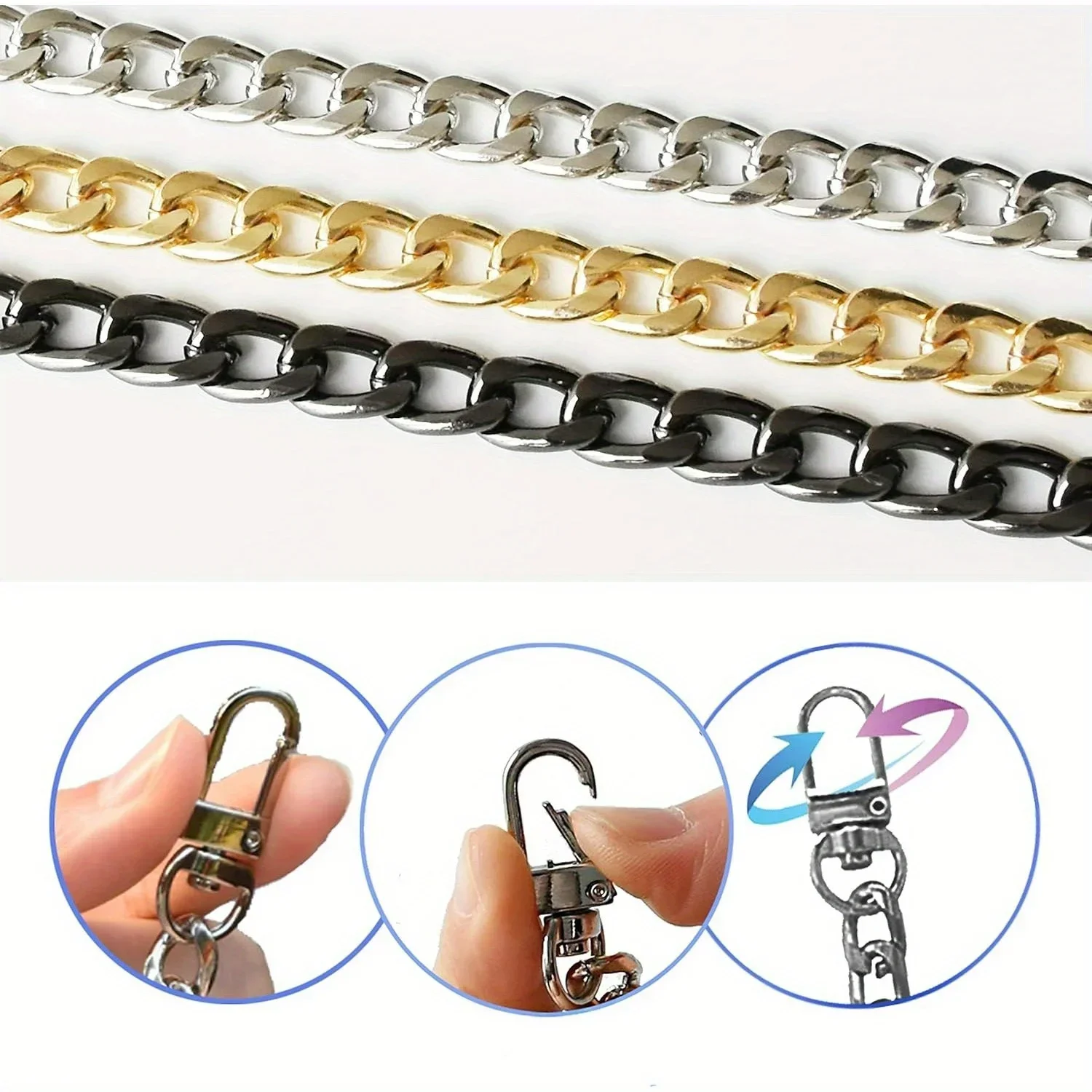 Purse Chain Strap Flat Chain Strap Handbag Chains with Metal Buckles for Wallet Satchel Tote Bags Shoulder Bag Chain Replacement