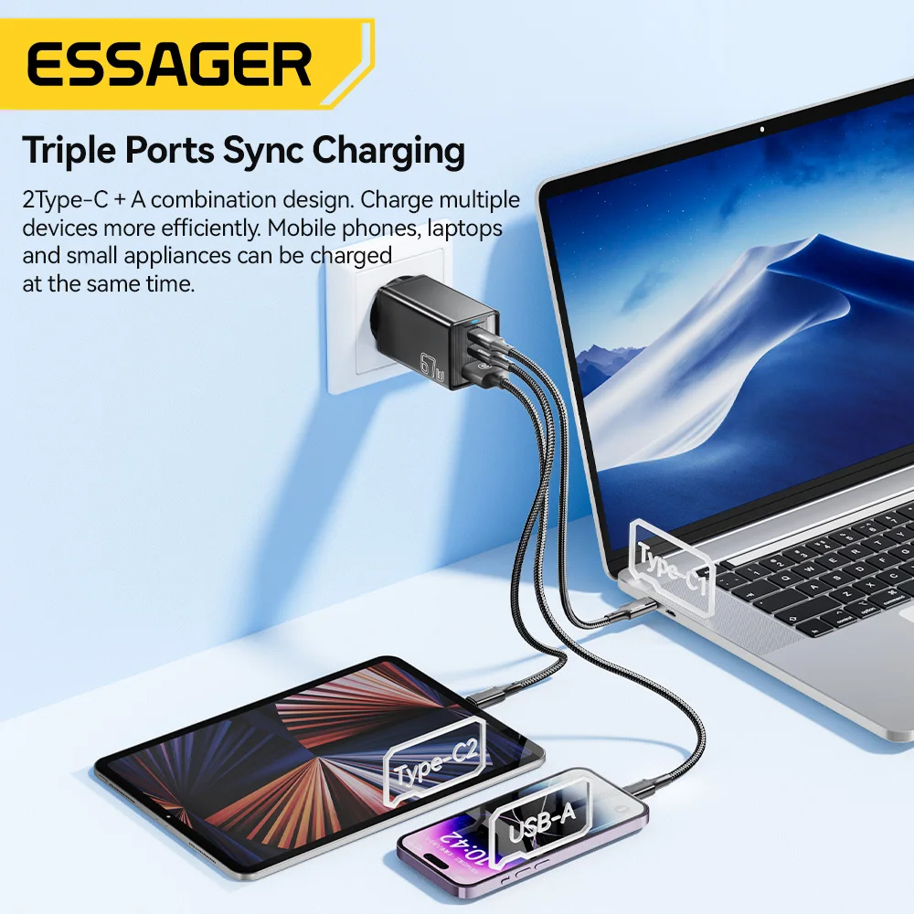 Essager 67W GaN USB Charger Quick Charge 3 Ports USB Type C Charger For IPhone 15 14 13 Macbook Laptop iPad Xioami Samsung S23