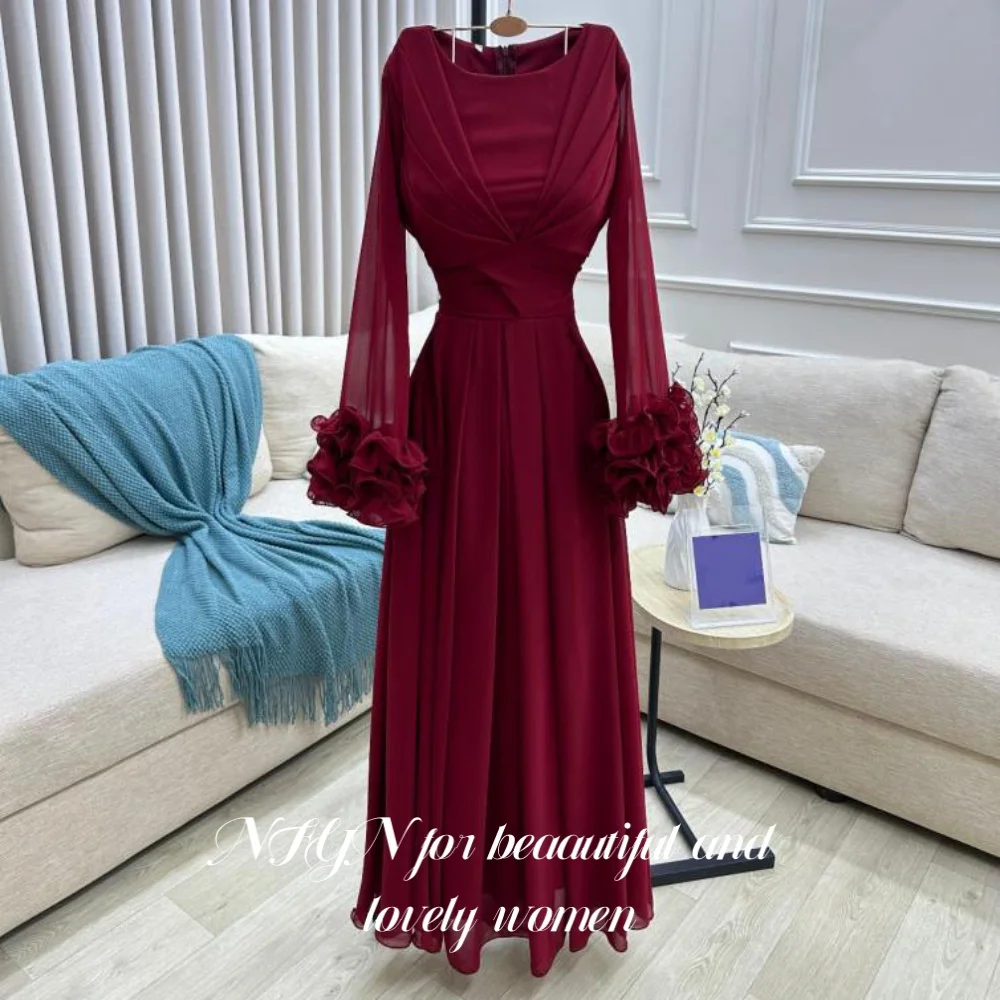 

NFYN Burgundy Elegant Formal Gown Pleats Prom Dresses Beach O-Neck Full Sleeve Evening Gowns for Woman robe de bal Customized