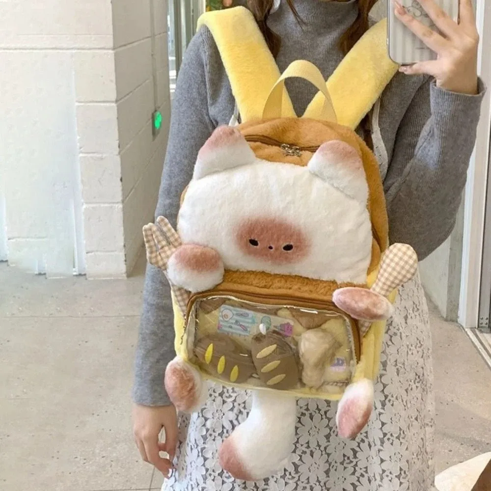 

Cute Kawaii Cat Plush Backpack Cute Transparent Bread Cat Itabag Soft Fluffy Student School Bag Shopping