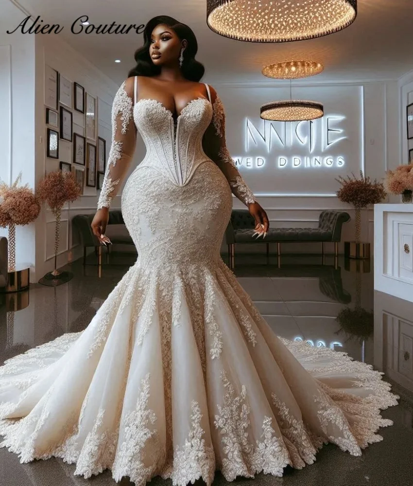 

Elegant Mermaid Wedding Gown Luxury Bride Robe Evening Dress Lace Corset Long Sleeves Vestido De Novia 2024