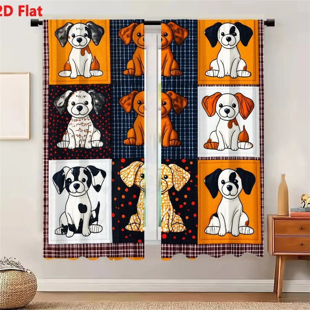 2Pcs Curtains 2D Flat 3x3 Grid Illustrated Dog Portraits On Brown Checkered Fabric With Yellow Border, Each In Distinct Colored/