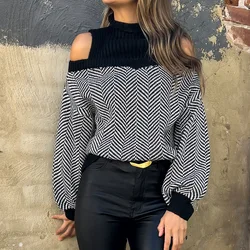 Striped Sweater Women's Semi-turtleneck Pullover Cold Shoulder Knitted Sweater Coats Long Sleeve High Collar Jumpers Sweaters