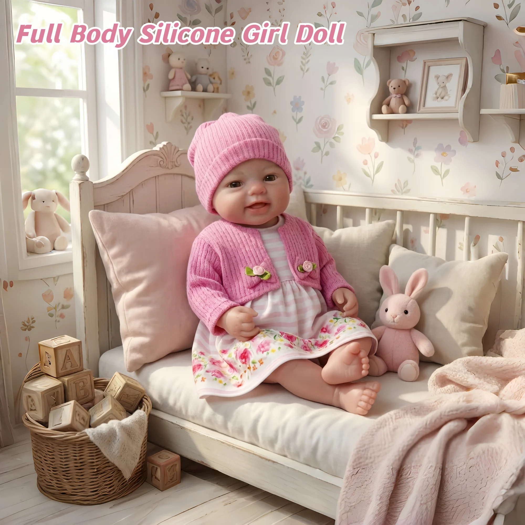 40CM Smiling Silicone Girl Doll With Bald Already Painted Very Cute Lifelike Can Open Mouth reborn de silicona For Kids' Gift