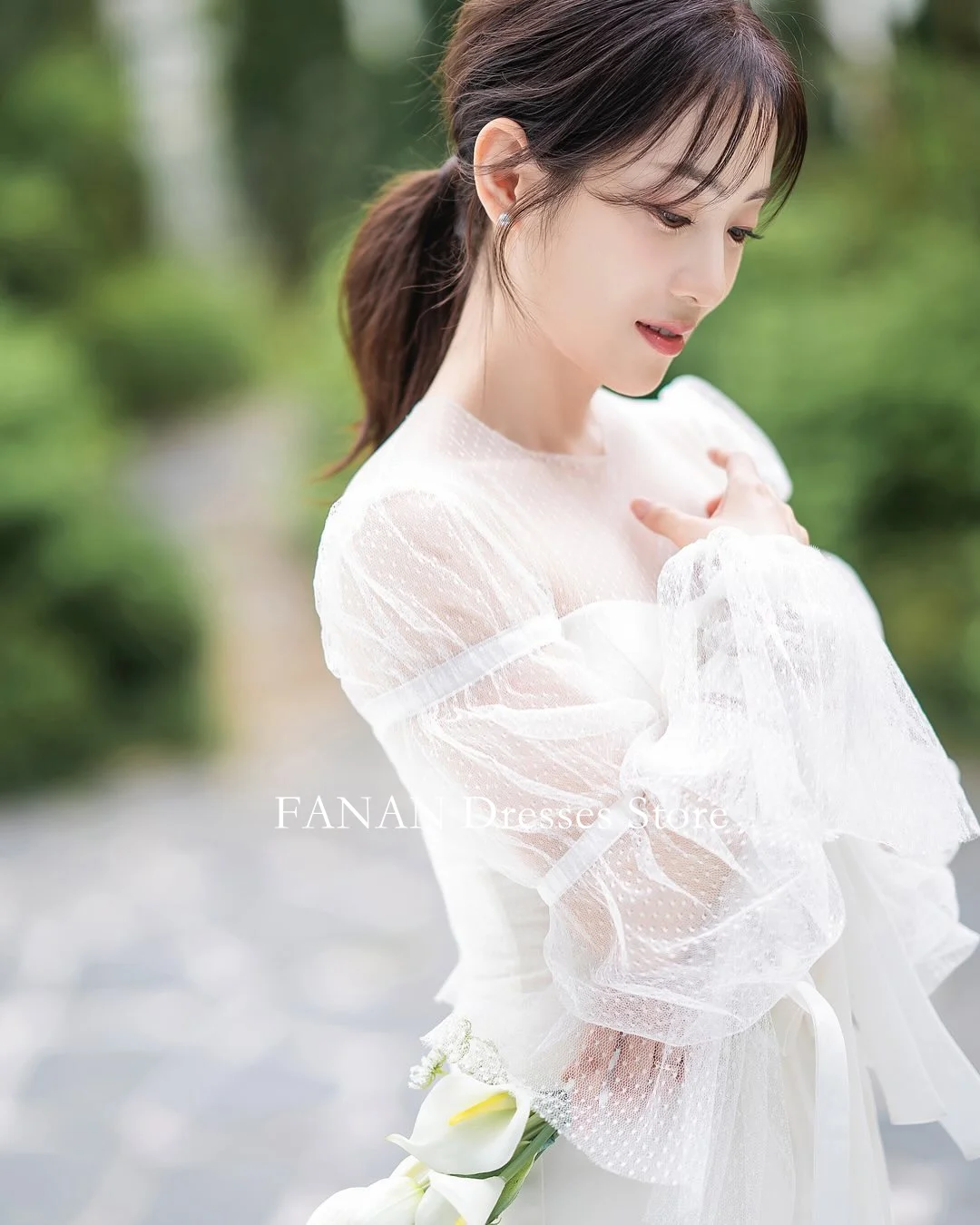 Fanan Korea O-Neck Wedding Dresses  웨딩드레스  Puff Sleeves Mermaid Polka Tulle Custom Made Ruched Photoshoot Bride Gowns Plus Size