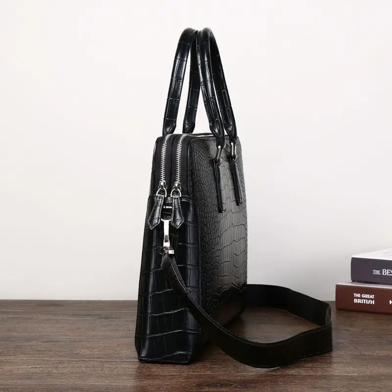 Men Black Genuine Cowhide Leather Briefcase Crocodile Embossed Laptop Bag Business Shoulder Handbag for Office Travel