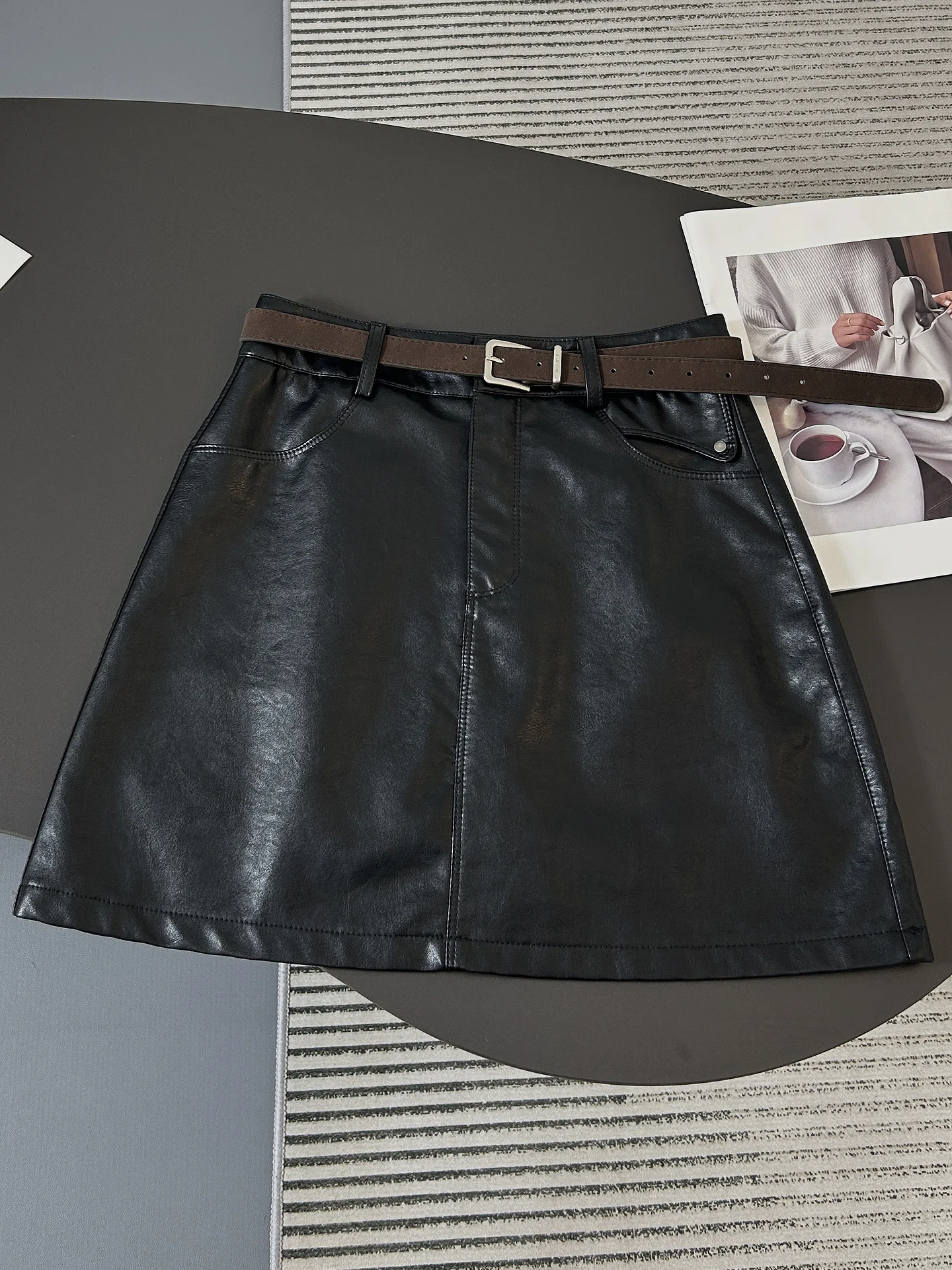 High Waist PU Leather  Skirt Women's Autumn Winter New Style A-Line Skirt with Belt Slimming Skirts for Ladies