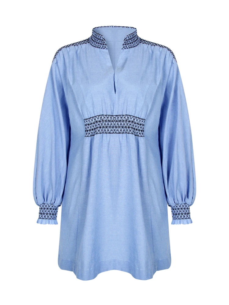 

Элегантное женское синее свободное платье-рубашка с V-образным вырезом, вышивкой, рукавами-фонариками и плиссировкой, модель 2026 года, повседневное, для дома и вечеринок, шикарное.