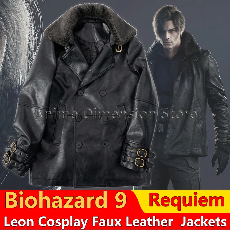 Disfraz de Cosplay de Leon Scott Kennedy del Juego Biohazard Resident 9 Requiem, Chaqueta Negra de Cuero Sintético con Cuello de Piel Sintética para Hombre