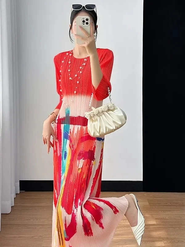 

Summer New Sle Japanese Sle round Ne Seven Sve Printed Pattern Pleated Women's Dr Anti-Aging Faionable A-Line S...