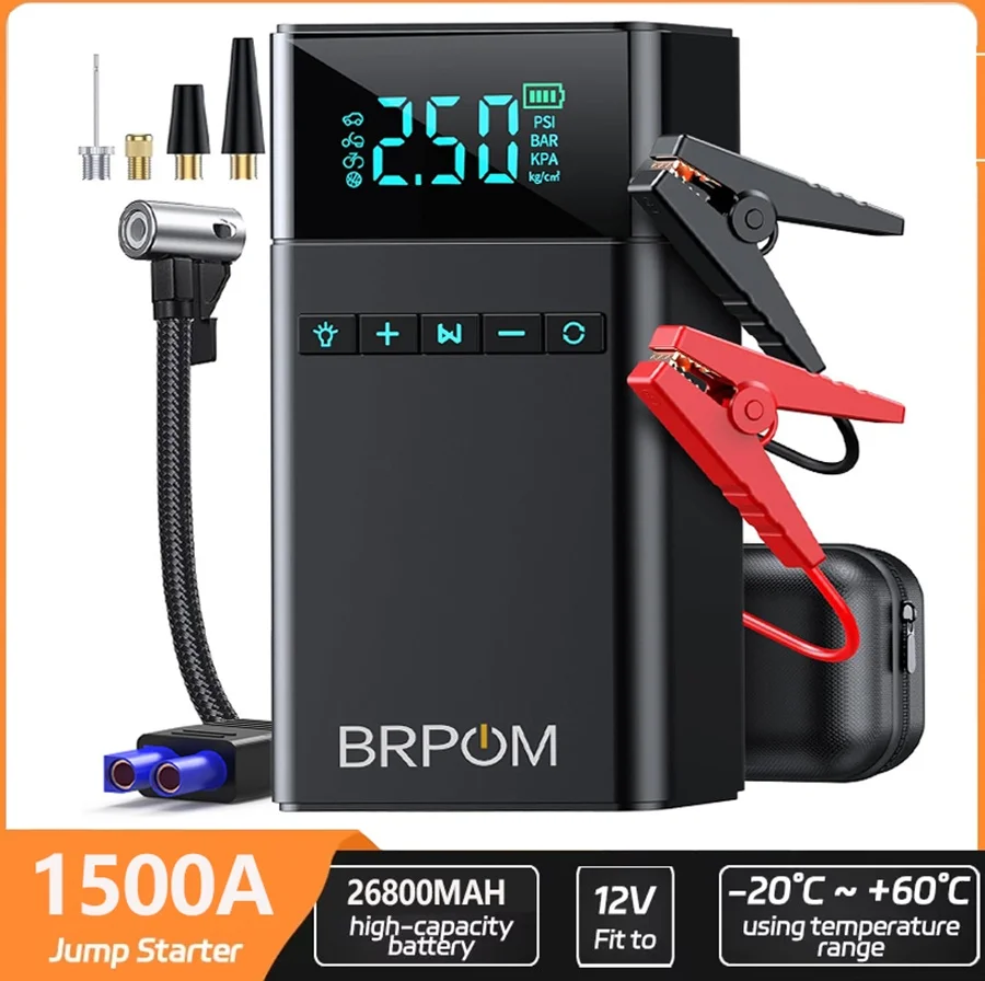 1500A Auto-Starthilfe-Powerbank, tragbare 150PSI-Luftpumpe, Notfall-Starthilfe für Autobatterien, Auto-Starter, 12V-Starthilfekabel und -stecker, 3-Modus-LED-Taschenlampe mit SOS-Funktion,
