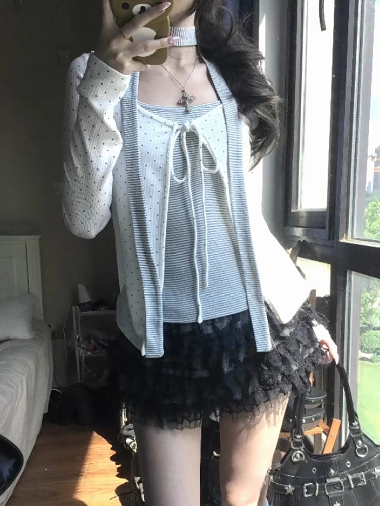Genayooa Aesthetic 2000s T-shirt Women Long Sleeve Dot Fake Two Pieces Tops Y2k Japanese Vintage Tops Tee With Skinny Silk Scarf