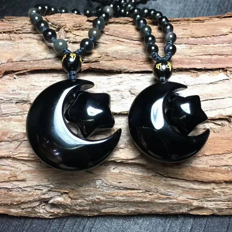 Wholesale JoursNeige Black Natural Obsidian Stone Pendants Star Moon Pendant Necklace Help Marriage for Women Fashion Jewelry