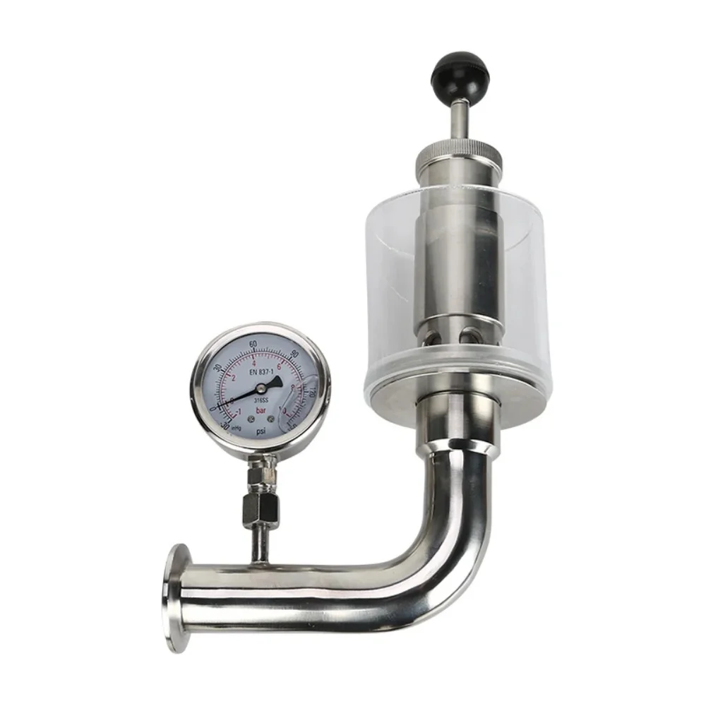 

0.2-3.2 Bar Clamp 1.5 " (38mm) OD 50.5mm Spunding Valve SS304 Variable Pressure Relief Valve，Pressure gauge 0.4MPa