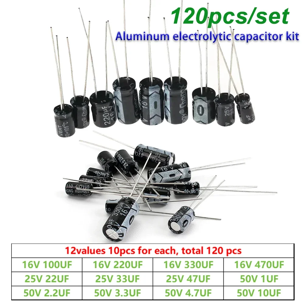 120pcs 1uF~470uF Aluminum electrolytic capacitor assortment kit set 12 values 16V 25V 50V Diy Electronic Components Package