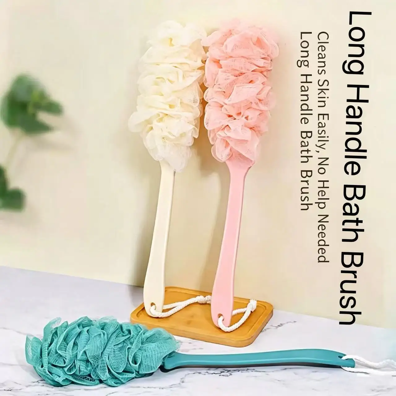 Long Handle Large Bath Brush, Soft Mesh Shower Sponge Back Scrubber, Easy Reach Body Exfoliating Cleaning Tool for Shower