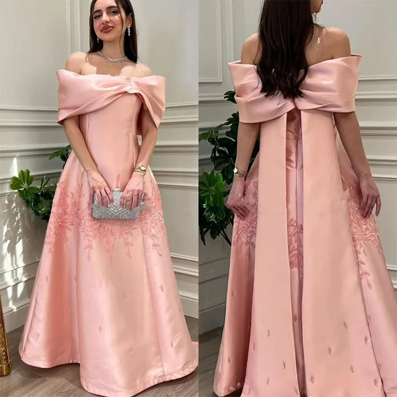 2024 Elegant Off The Shoulder Long Prom Dress A-line Satin Appliqued Floor-Length Evening Dress for Special Occasions