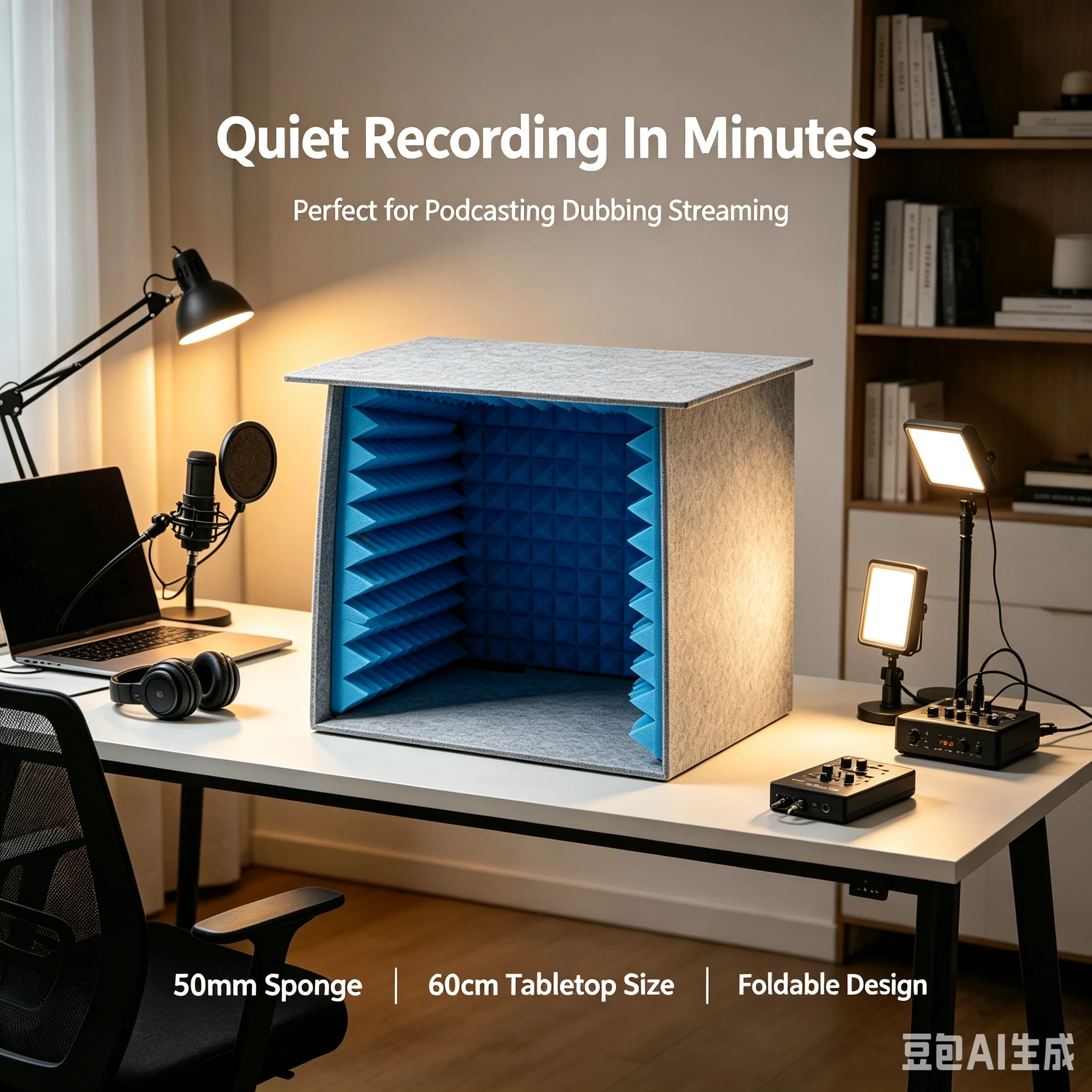 Foldable Desktop Soundproof Shield, 60cm Size Vocal Recording Booth, 50mm Sponge Studio Vocal Filter, Acoustic Isolation Screen, Portable Mic Enclosure, Home Podcast Booth, Tabletop Sound Absorbing Cover, Gray Blue Recording Shield