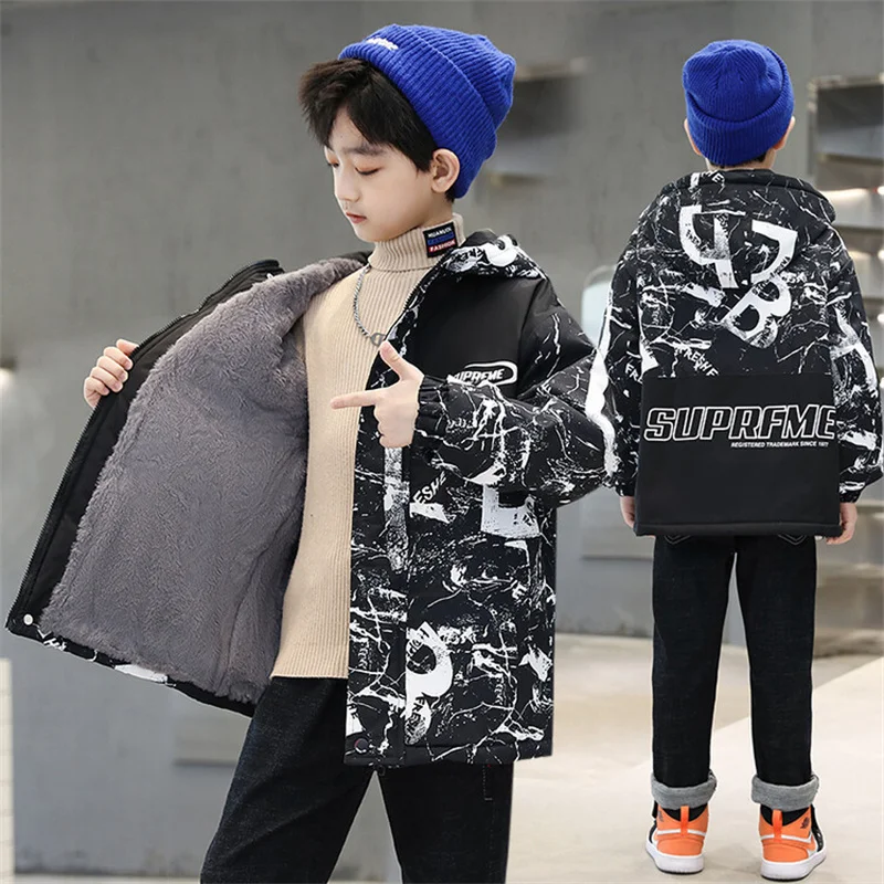 

Boys Coat Jacket Overcoat Cotton Outerwear 2023 Hooded Thicken Velvet Winter Snowsuit Gift Children's Clothing