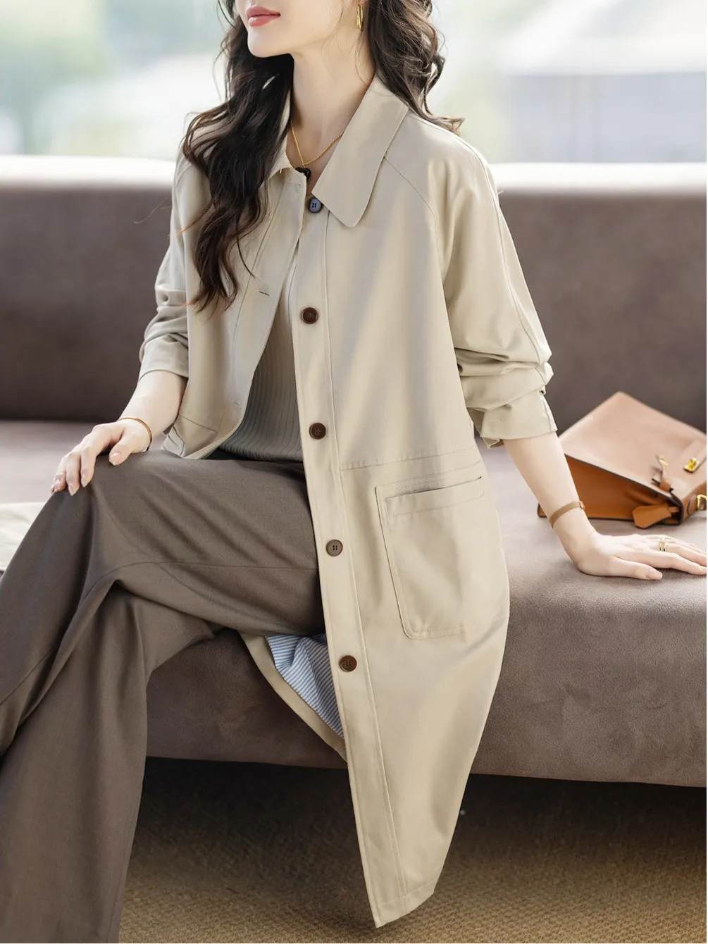 

Аутентичное весенне-осеннее абрикосовое повседневное длинное пальто с джатом и отложным воротником 2023, женская верхняя одежда