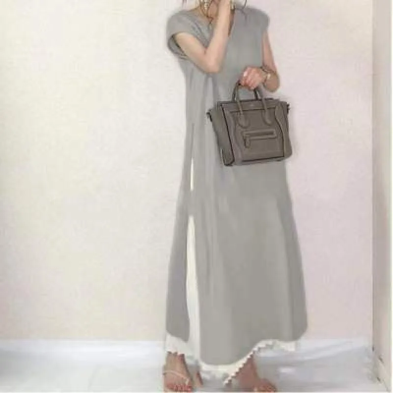 

2026 3 Colors Japanese Style Summer Solid Color Loose Spliced Swing Short Sleeve Dress Set For Women Simple Literary Outfit