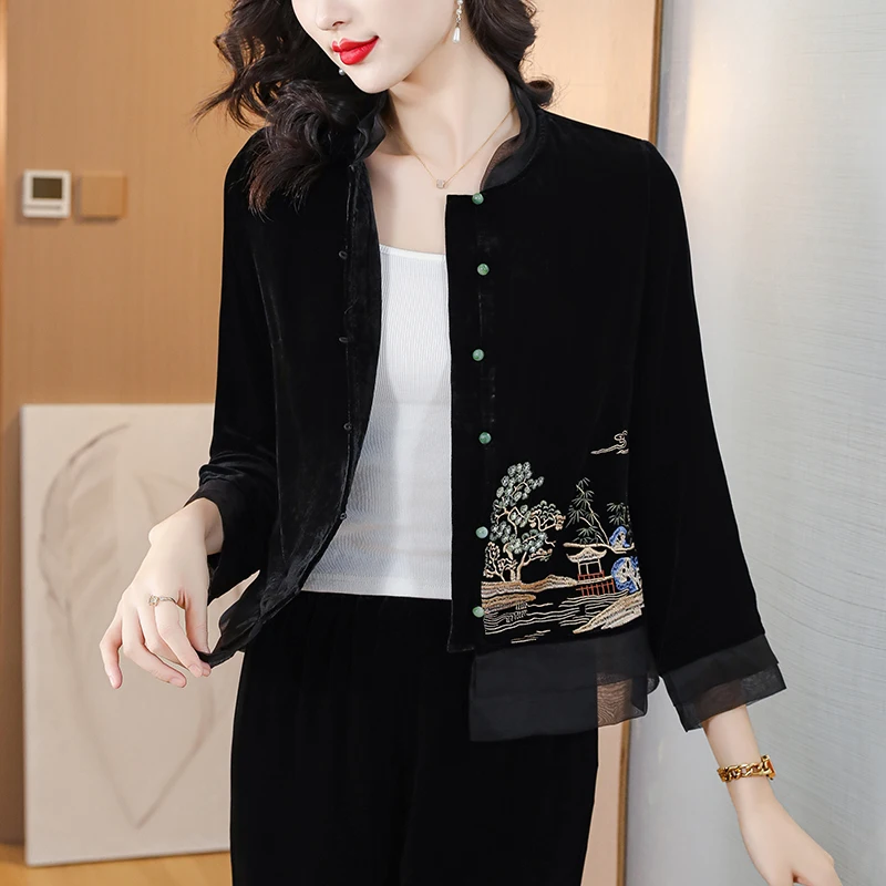 Black Velvet Embroidery Print Top Coats for Women Autumn Winter Fashion Chic Patchwork Silk Bluoses 2024 Korean Casual Jackets