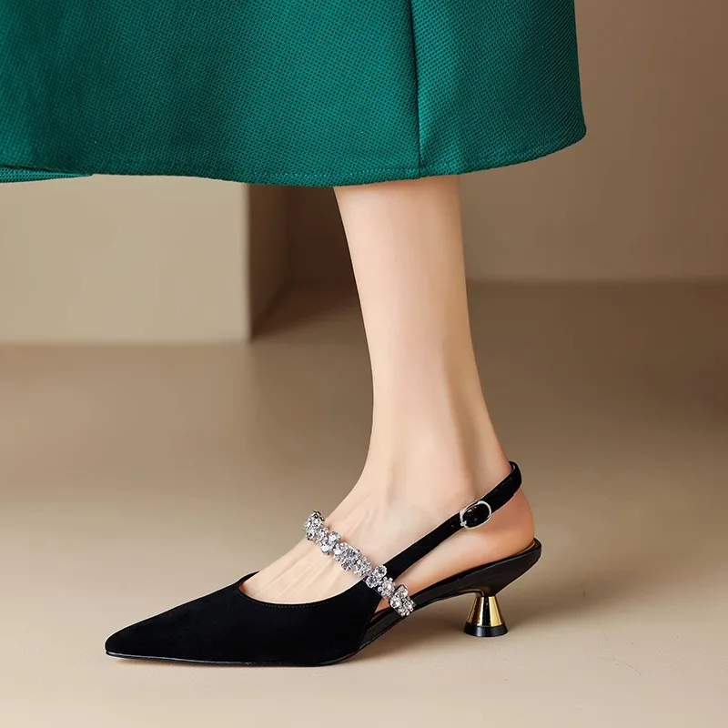 

Women Sandals Ladies Sexy Buckle Rhinestone High Heels Female Casual Shoes Golden Silver Point Toe Trend Summer Pumps2025