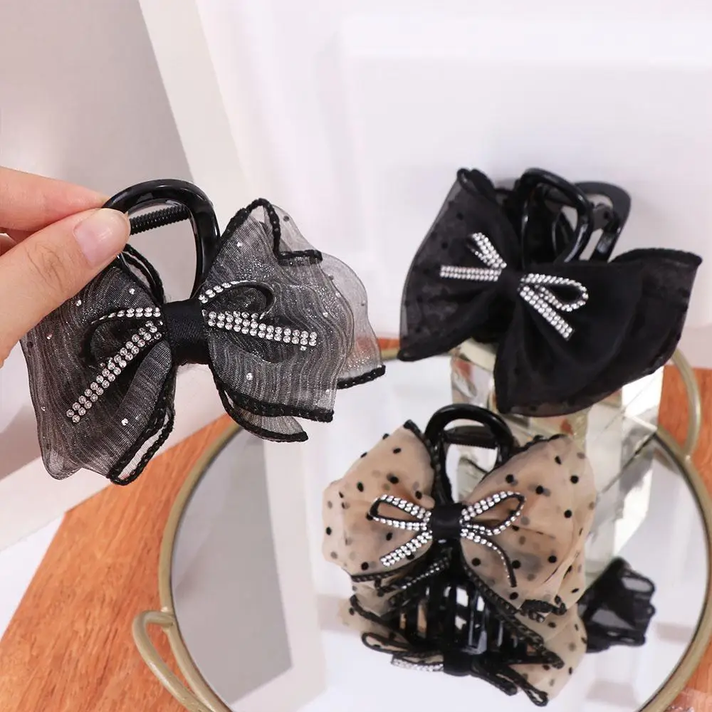

Exquisite Plastic Mesh Bow Hair Claw Grab Clip Headdress Bow Claw Clip Korean Style Ponytail Holder Rhinestone Shark Clip girl