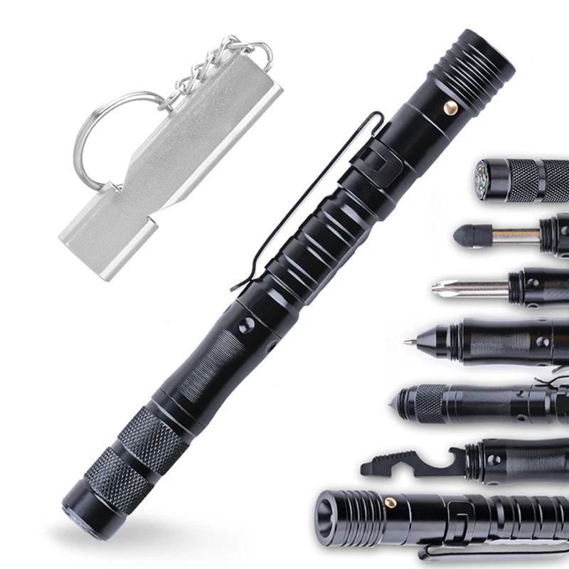 Tactical Pen Self-Defense Pens LED Tactical Flashlight with Ballpoint Pen, Window Glass Breaker, Whistle, Multi Tool Pen