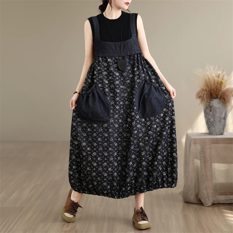 

Artistic Denim Print Patch Pocket over Knee Women's Skirt Casual Washed Cotton Jeans Loose Fit All Seasons High Waist