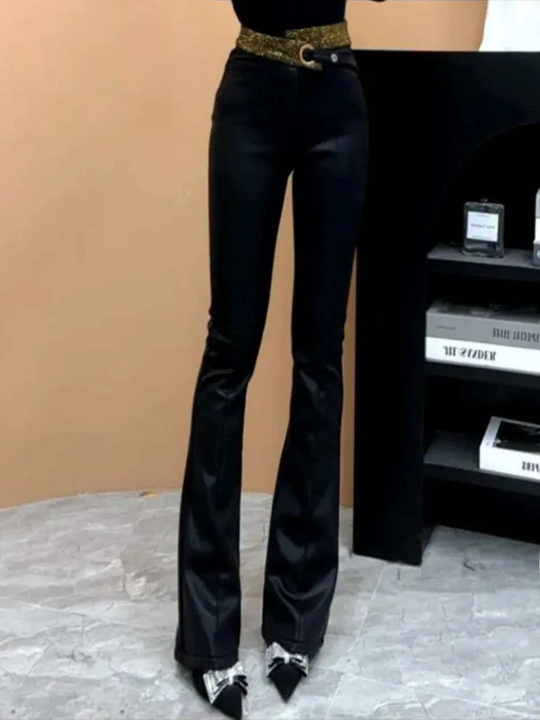 

Winter Faion Design Diamond Embellied High Waist Slim Fit Bell Bot Leather Pants Women's Thiened Fce Lined Pants