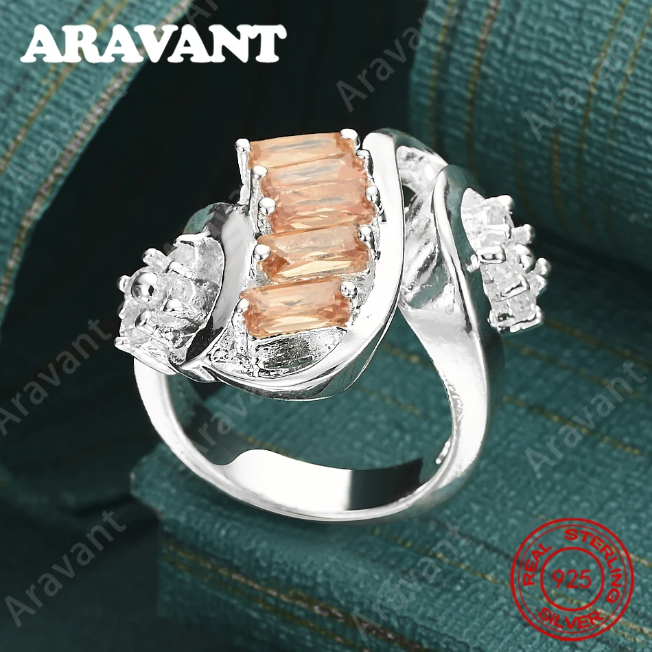925 Sterling Silver Orange Rectangular Zircon Ring For Women, Commuter Accessory, Christmas Gift Jewelry