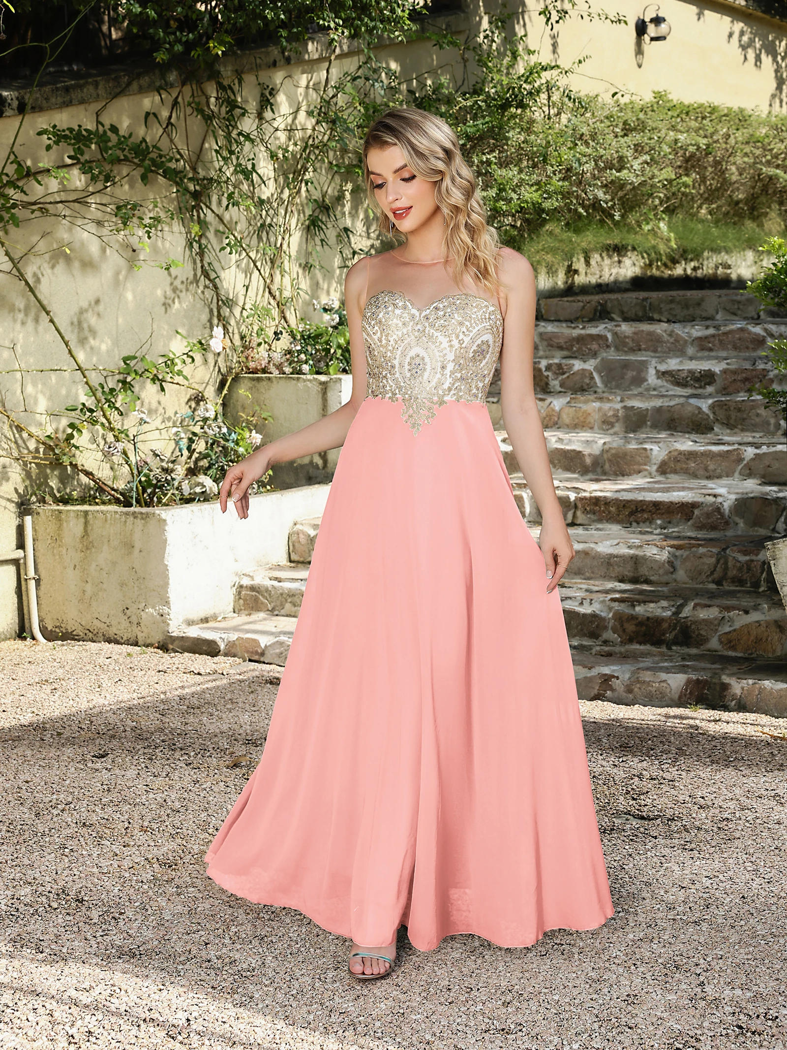 Vestidos largos rosas para mujer, ilusión, cuello redondo, transparente, sin espalda, Apliques de encaje, vestido de noche de gasa imperio, corte en A, vestidos de fiesta formales