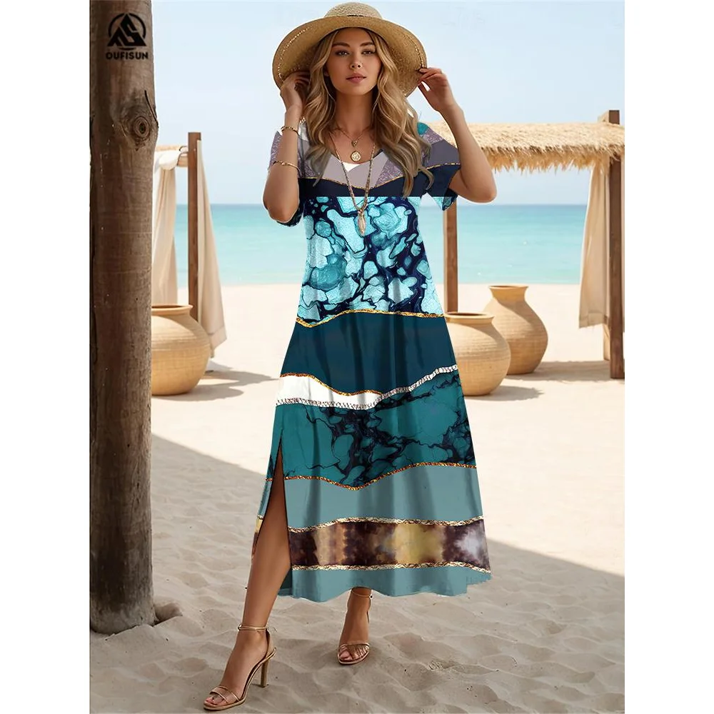 Elegant Womens Slit Dresses Fashion Stitching Summer Long Dress Loose Bohemian Clothing Vacation Female V Neckpullover 2024 New