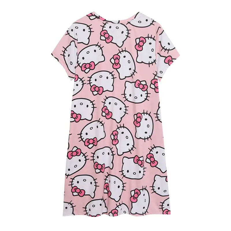 New Summer Hello Kitty Girl Short Sleeves Pajamas Anime Kawaii Women Soft Skin-friendly Loose Nightgown Dress Outdoor Skirt Gift