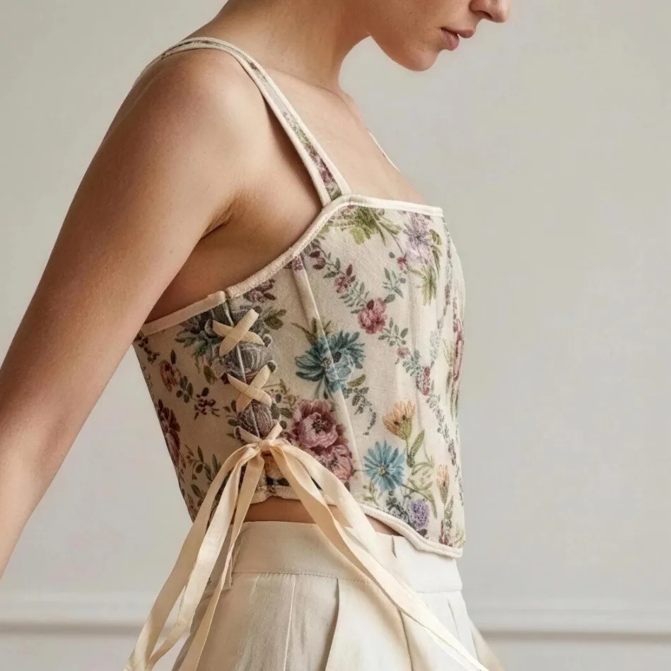 Corset Top With Fish Bone Straps Vintage Floral Camisole, Side-tie Slim-fit Top Side-tie Shape Wear For Women 93K0 view 4