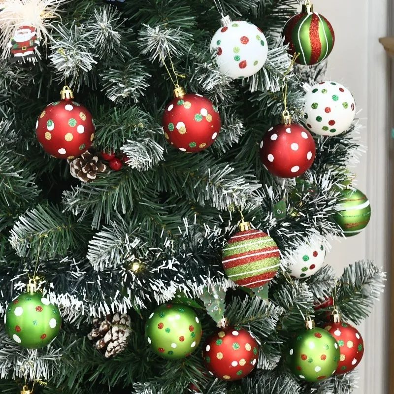 6-30Pcs Red Green Christmas Ball Ornaments Glittering Plastic Hanging Decorations White Spiral Spot Painting Balls for Xmas Tree